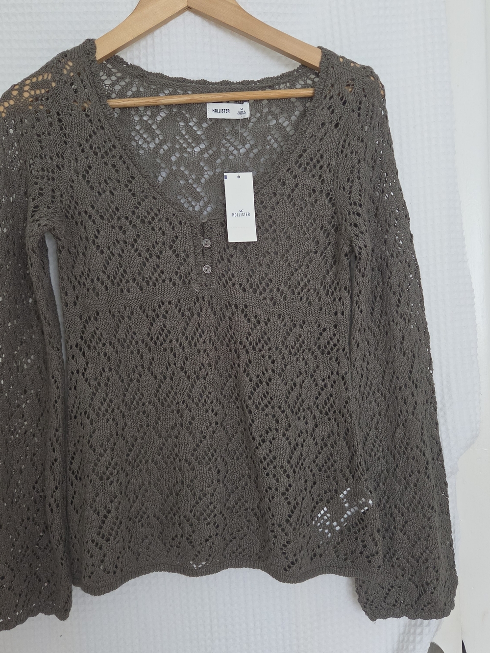 NWT Hollister Khaki Green Open-Stitch Crochet Henley Knit Jumper Top